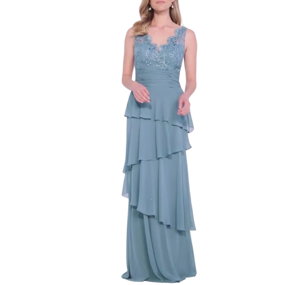NWT Cameron Blake Embellished Blue tiered Sleeveless Glam Formal Gown Sz 18W